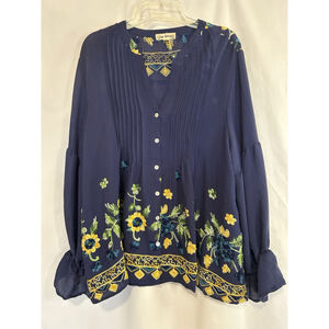 Sunflowers Pleated Hope Springs Navy Top Ruffled Sleeves Cruise Travel 2XL